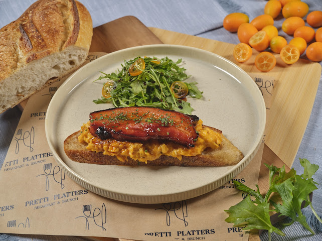 Bacon Japanese Scramble — silky eggs on sourdough toast with smoky bacon at Prettiplatters